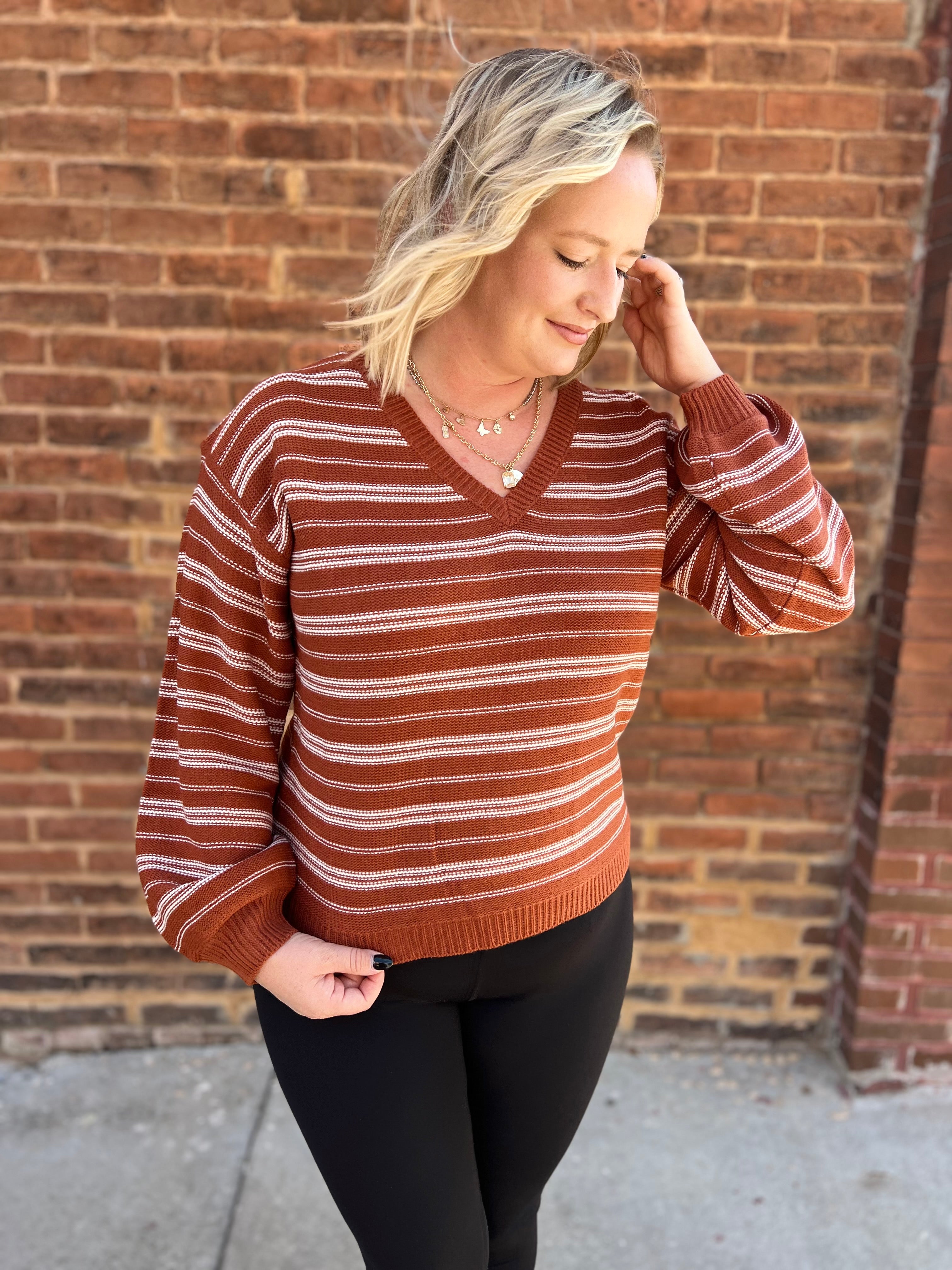 Brick + Ivory Striped vneck sweater