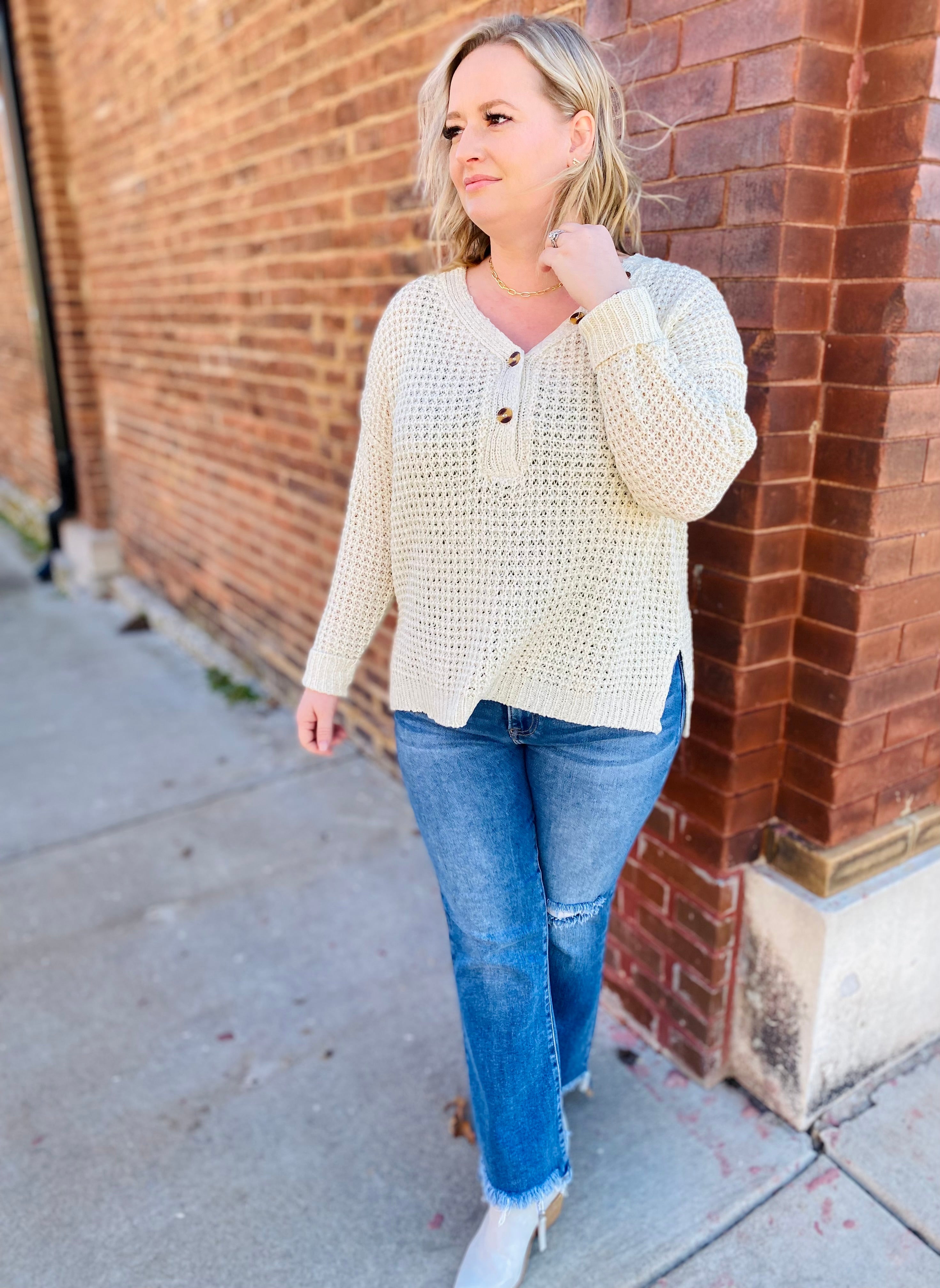 Cream Waffle Pullover with button detail