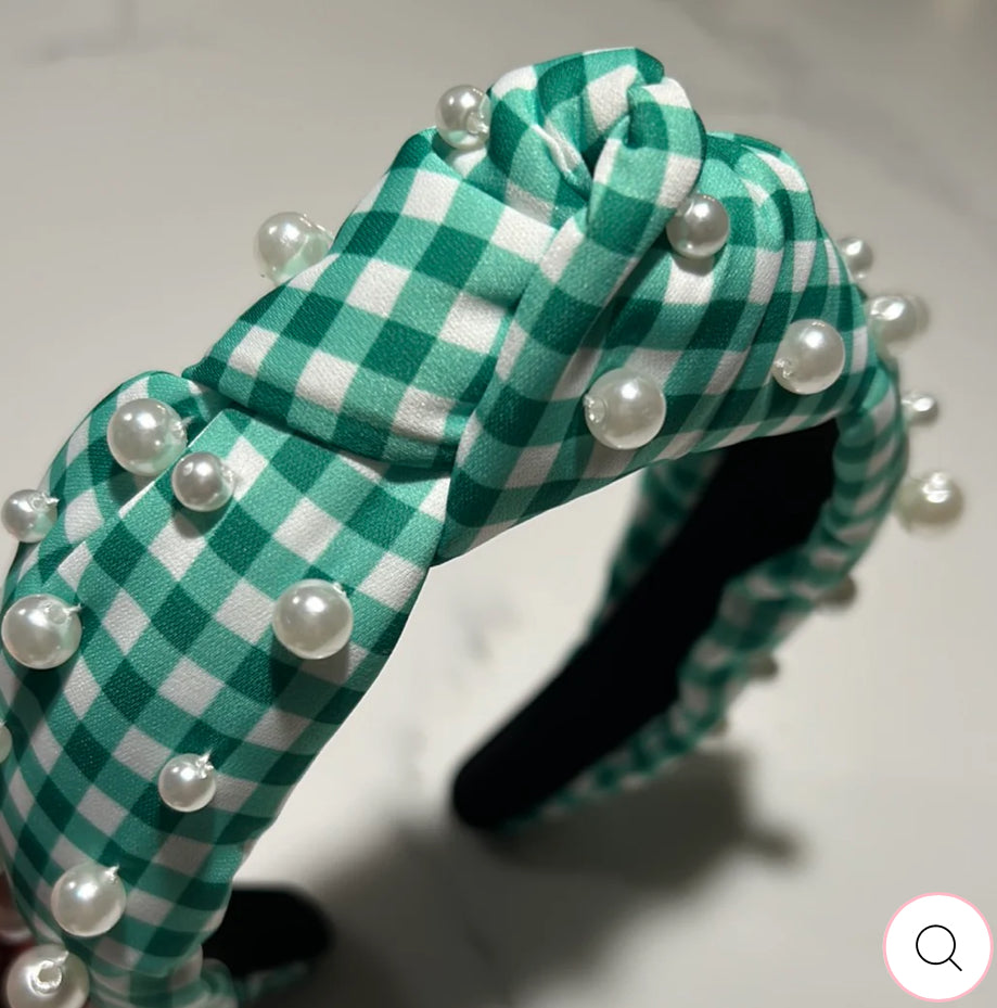 Green Checked Pearl Headband