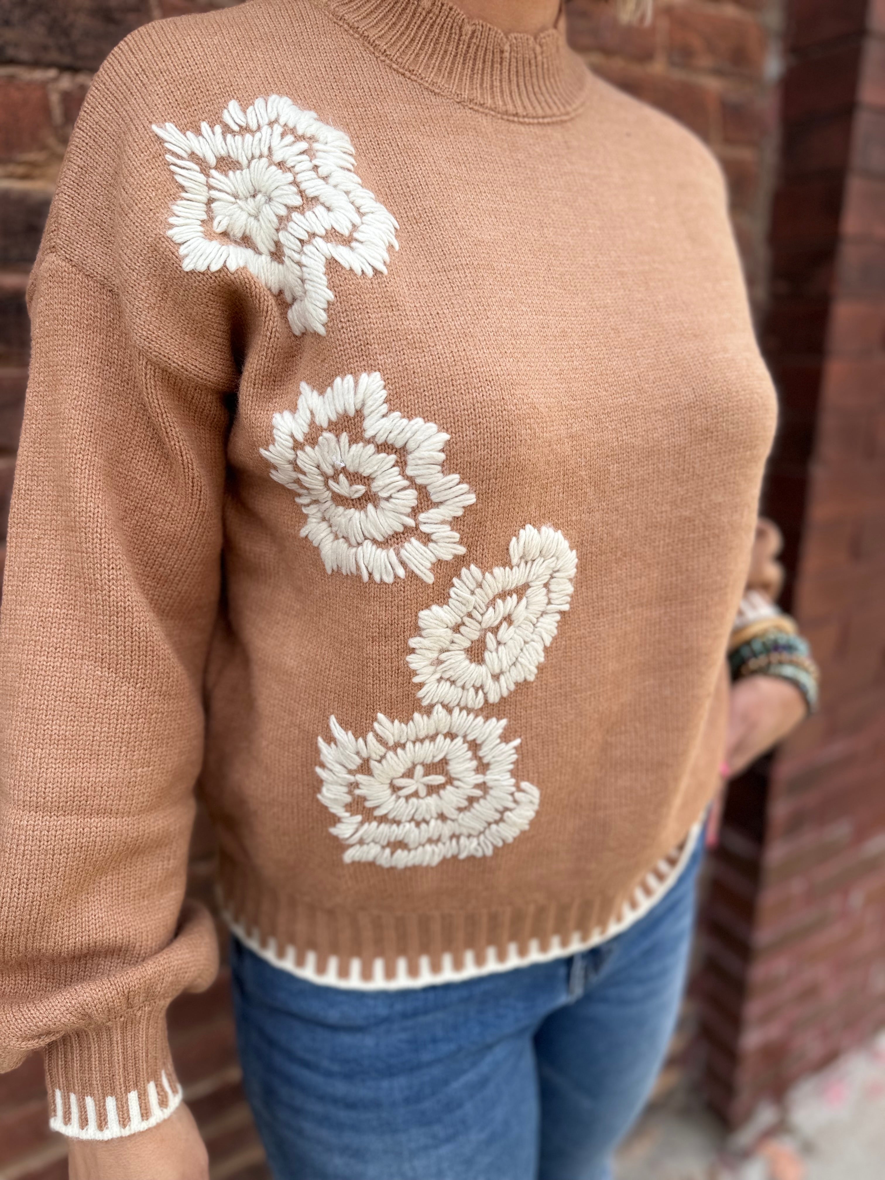 Taupe & Ivory Embroidery Floral Sweater