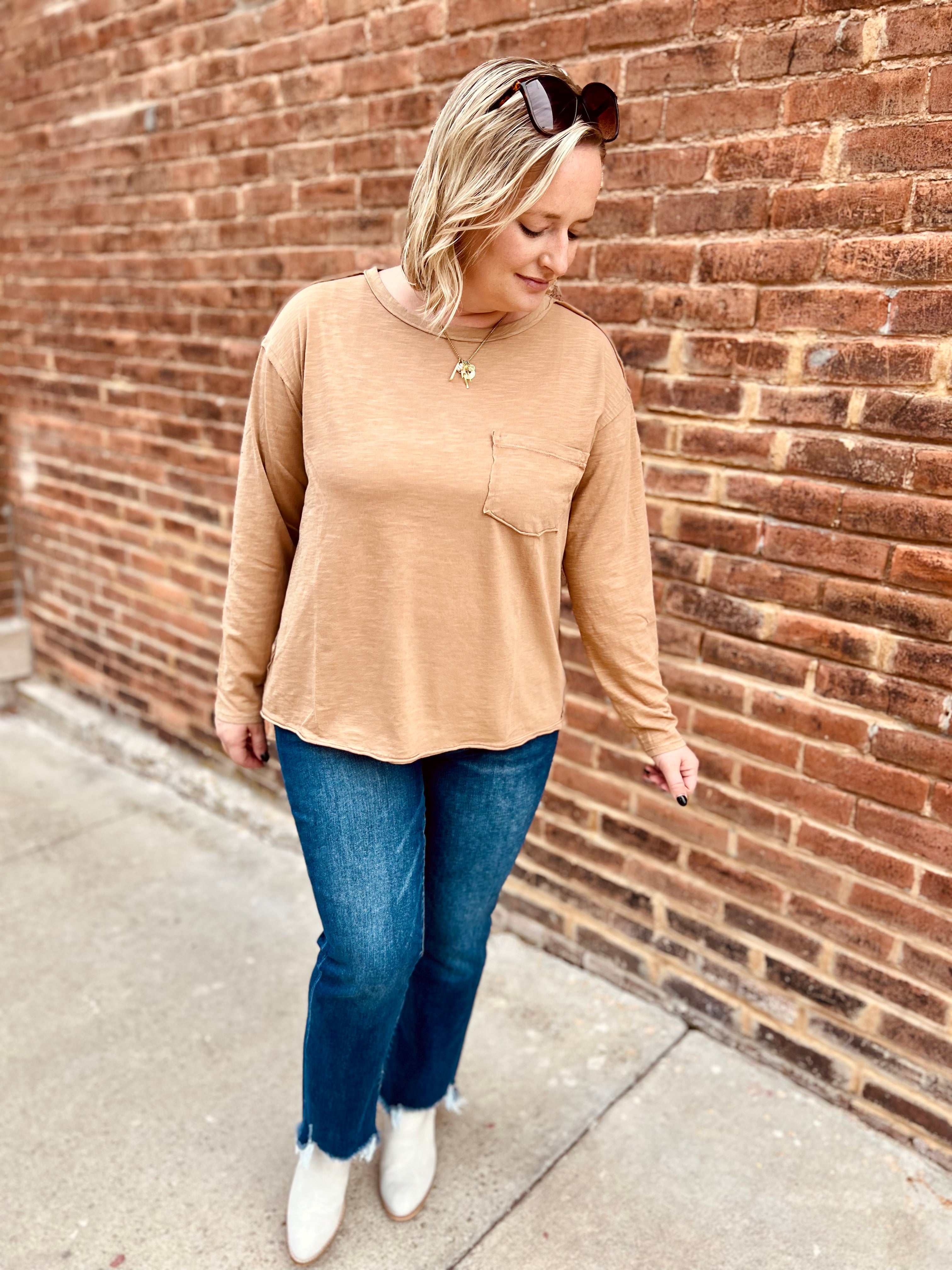 slub mineral washed long sleeve -camel