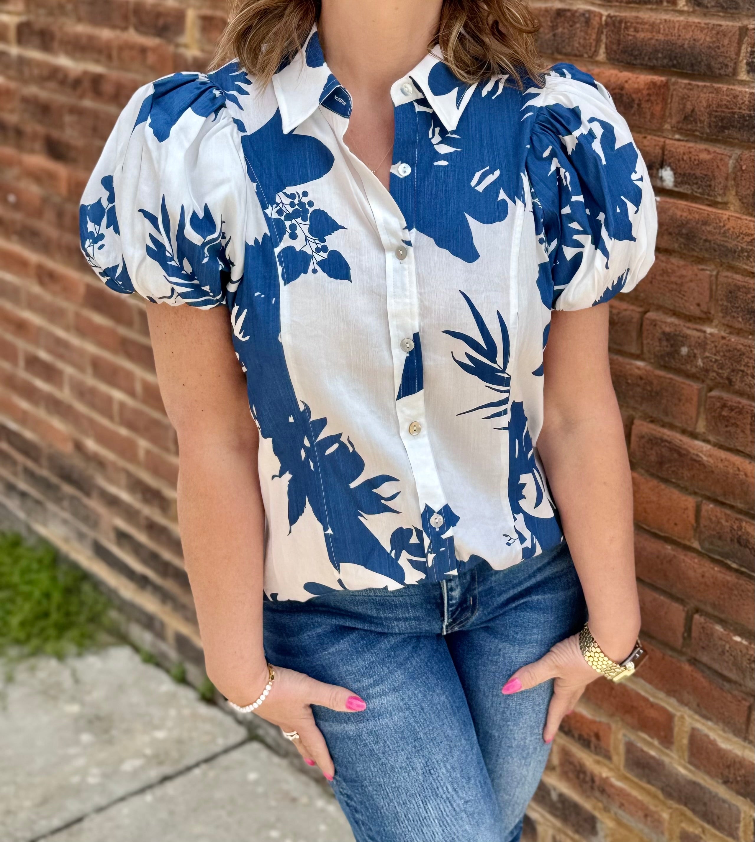 Navy & White Floral Top