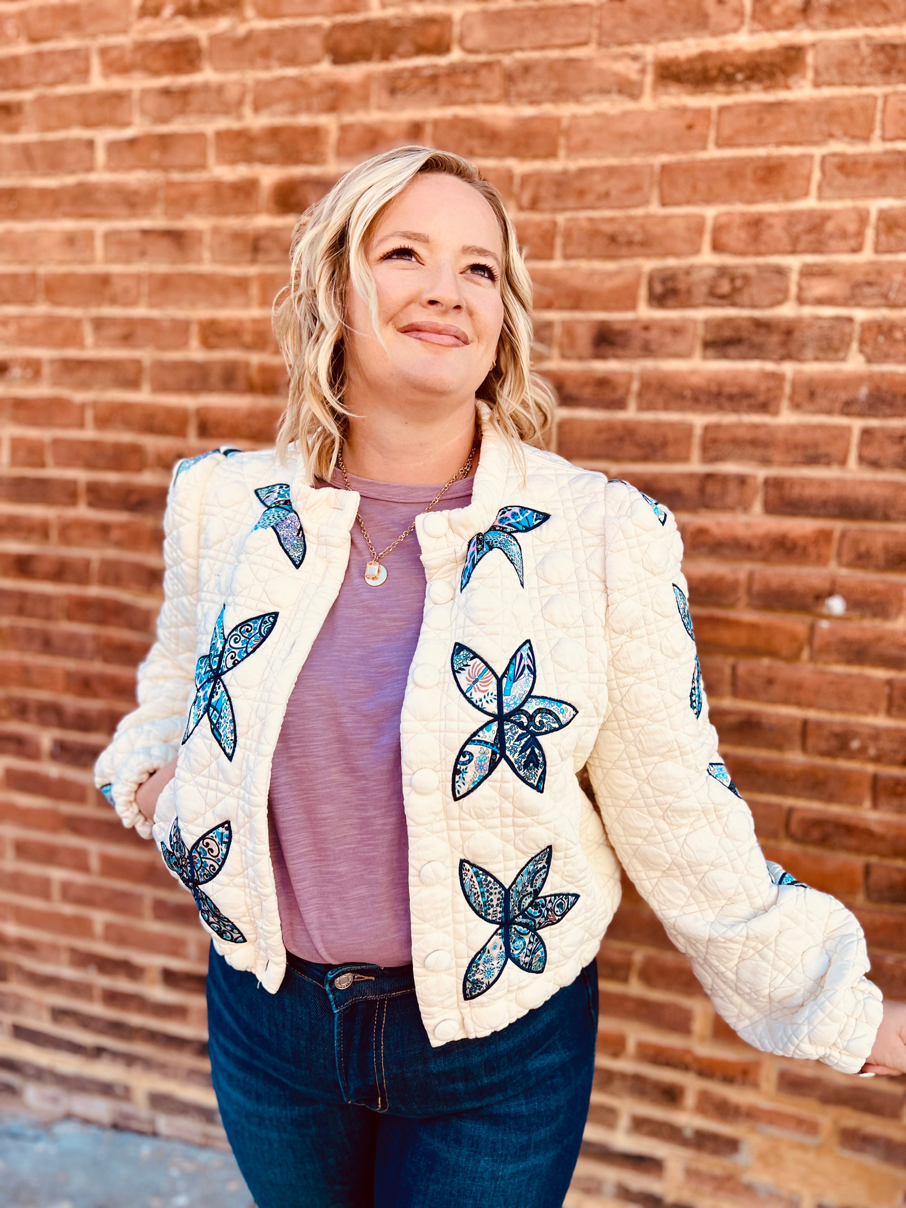 Floral stitch quilted jacket