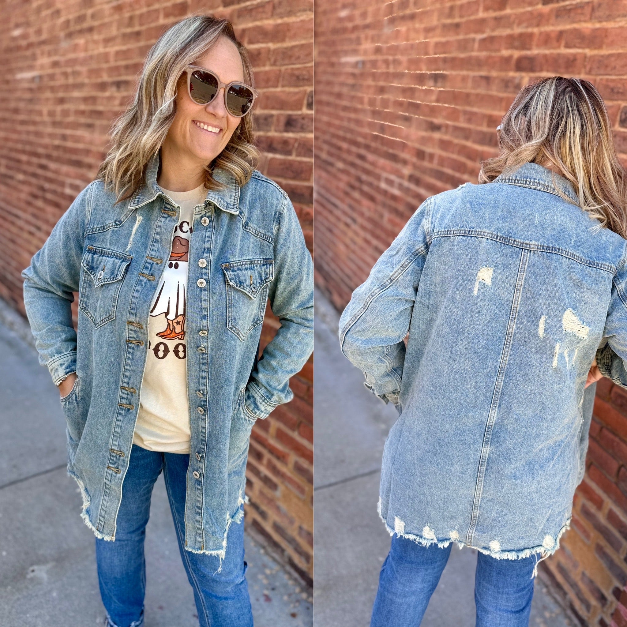 Destroyed Long Denim Shacket