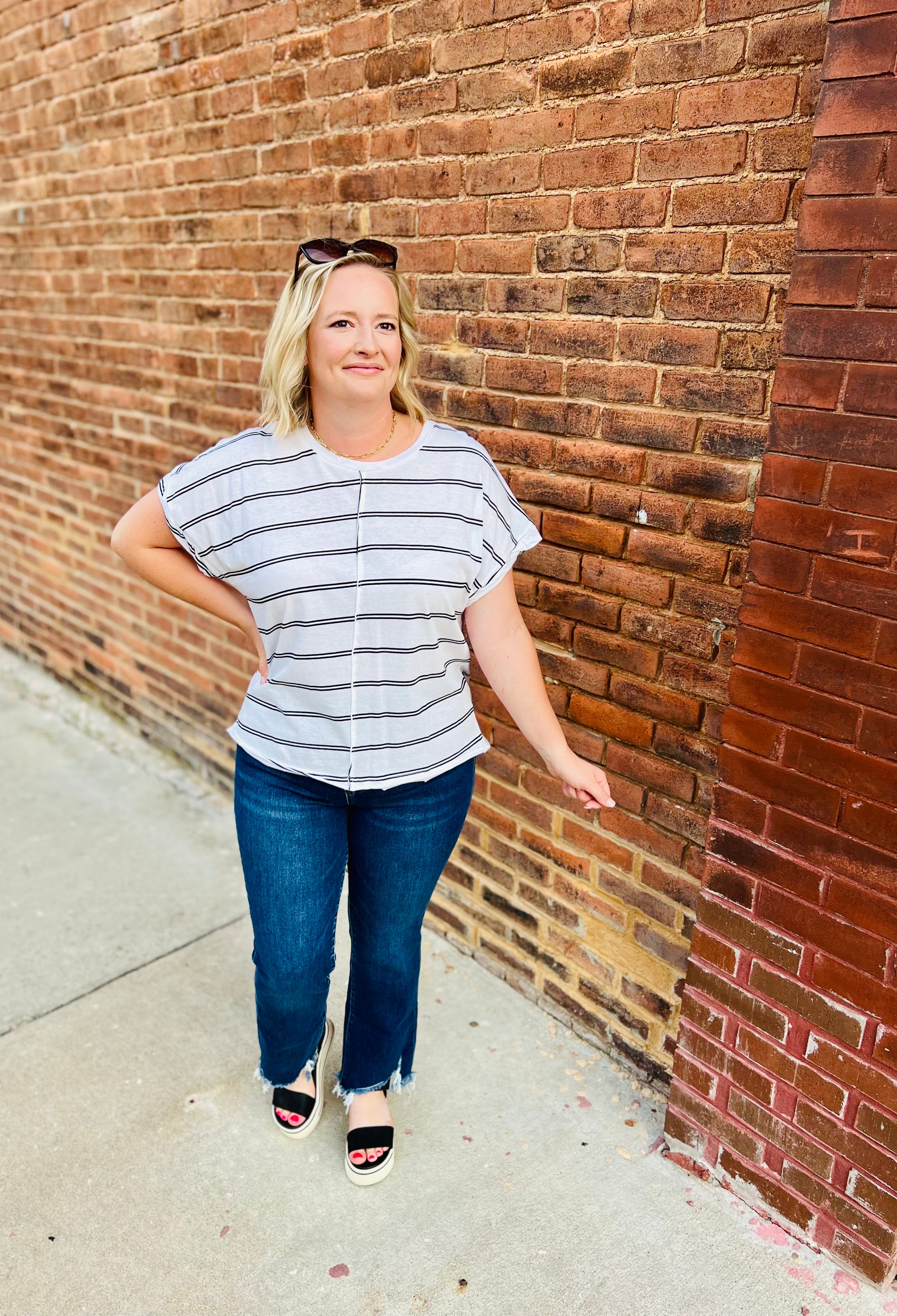 Ivory striped cotton knit top