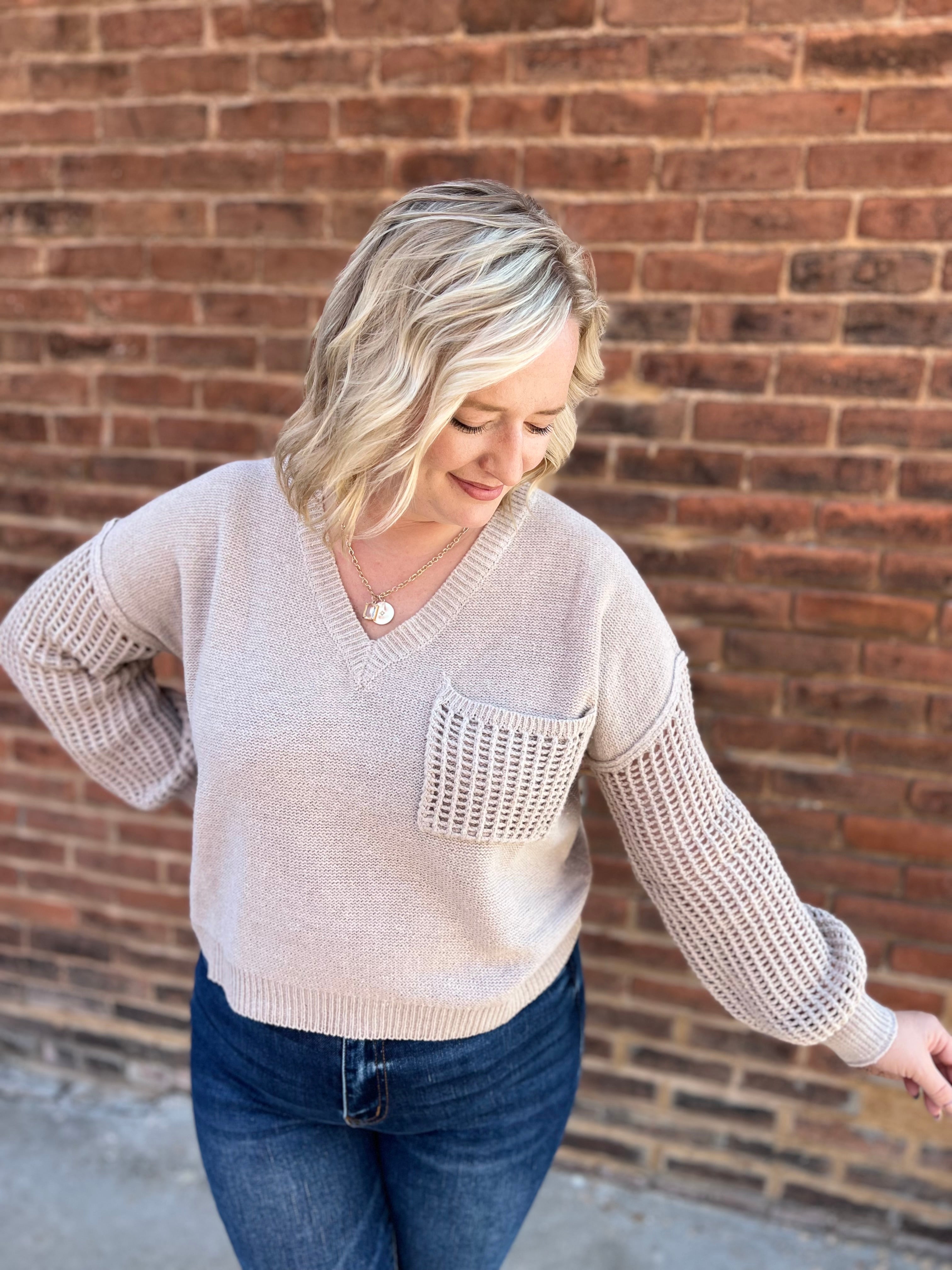 Oatmeal Open knit long sleeve sweater