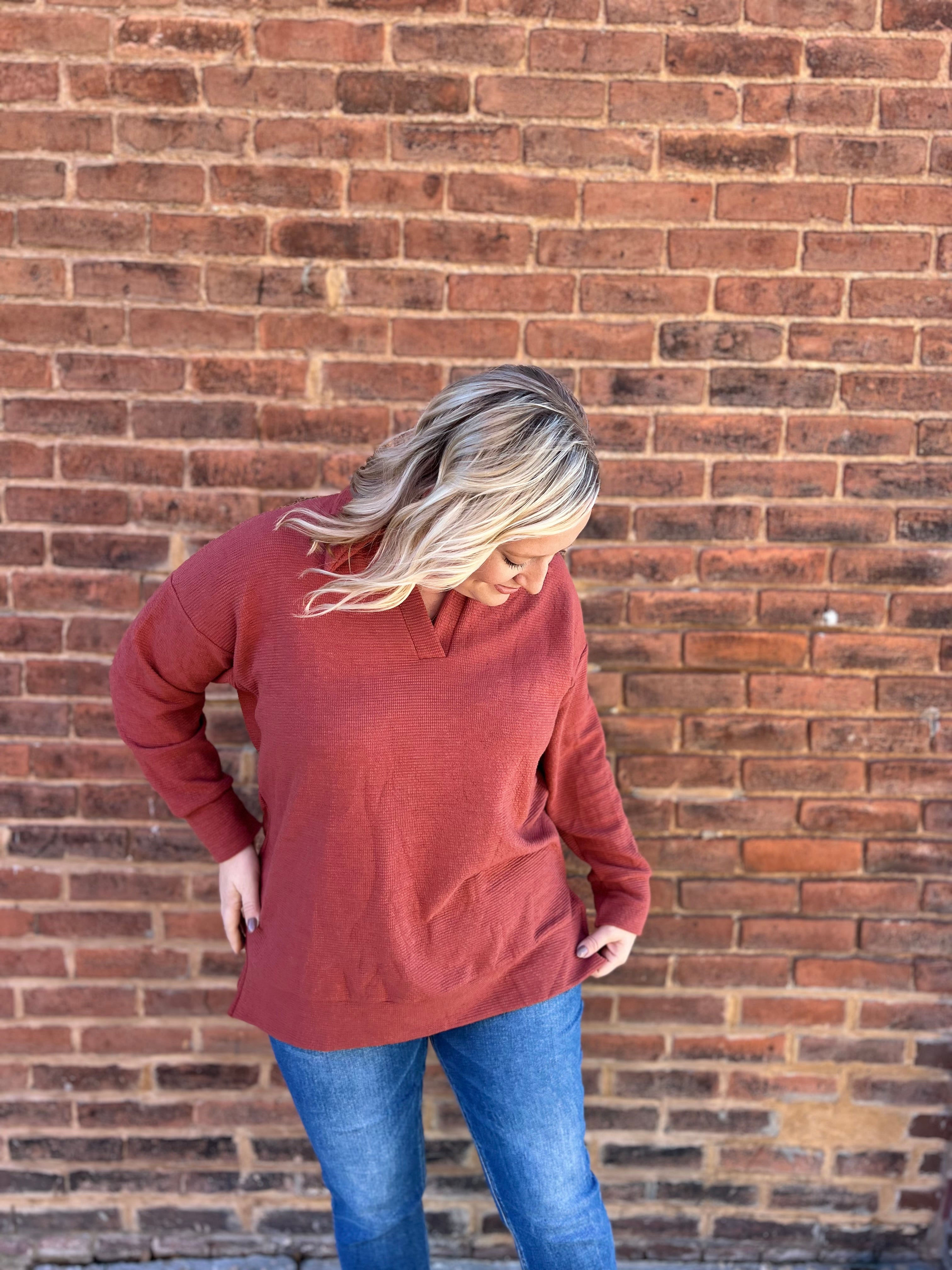 Marsala long sleeve collared top