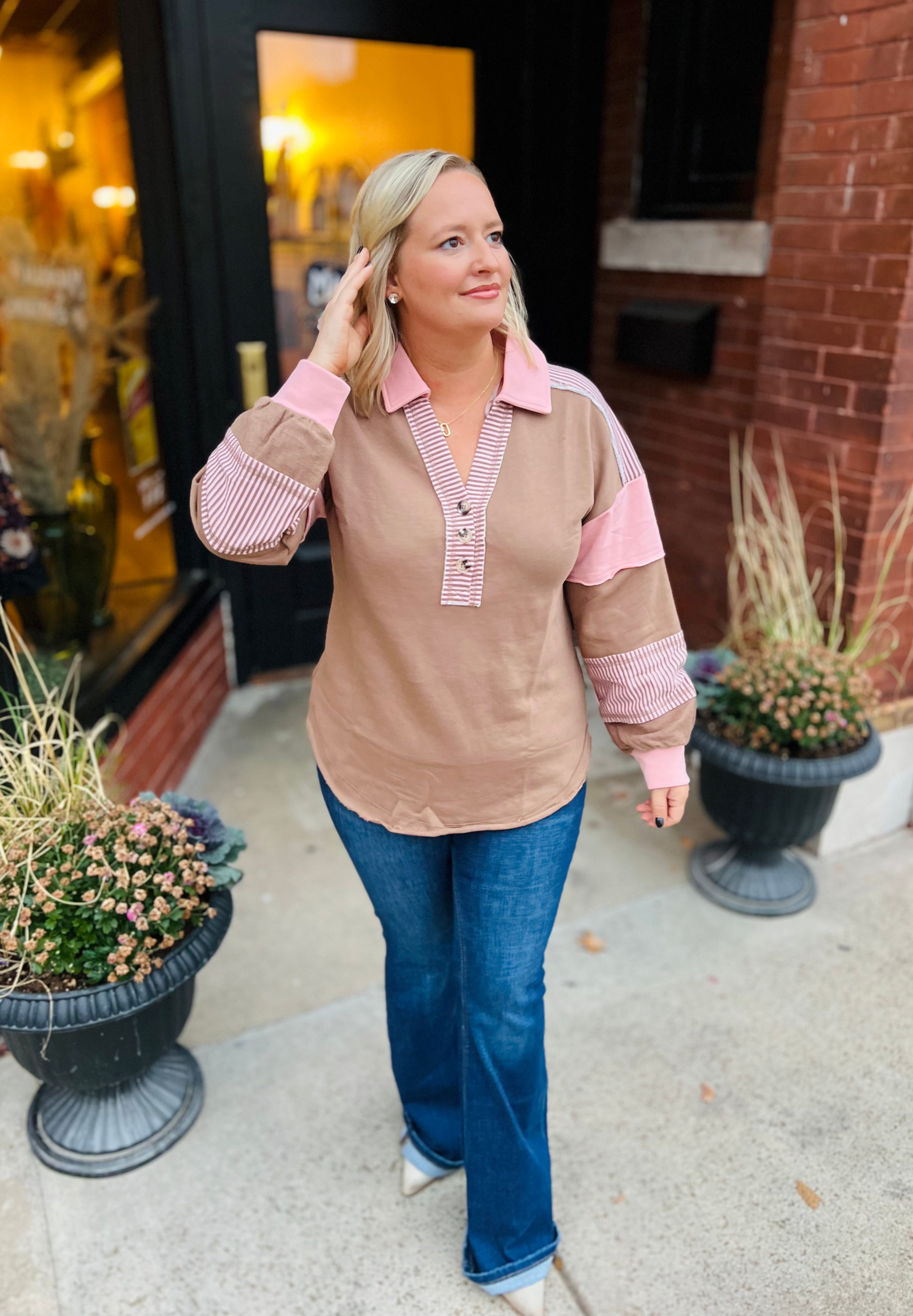 Mocha + pink collared top