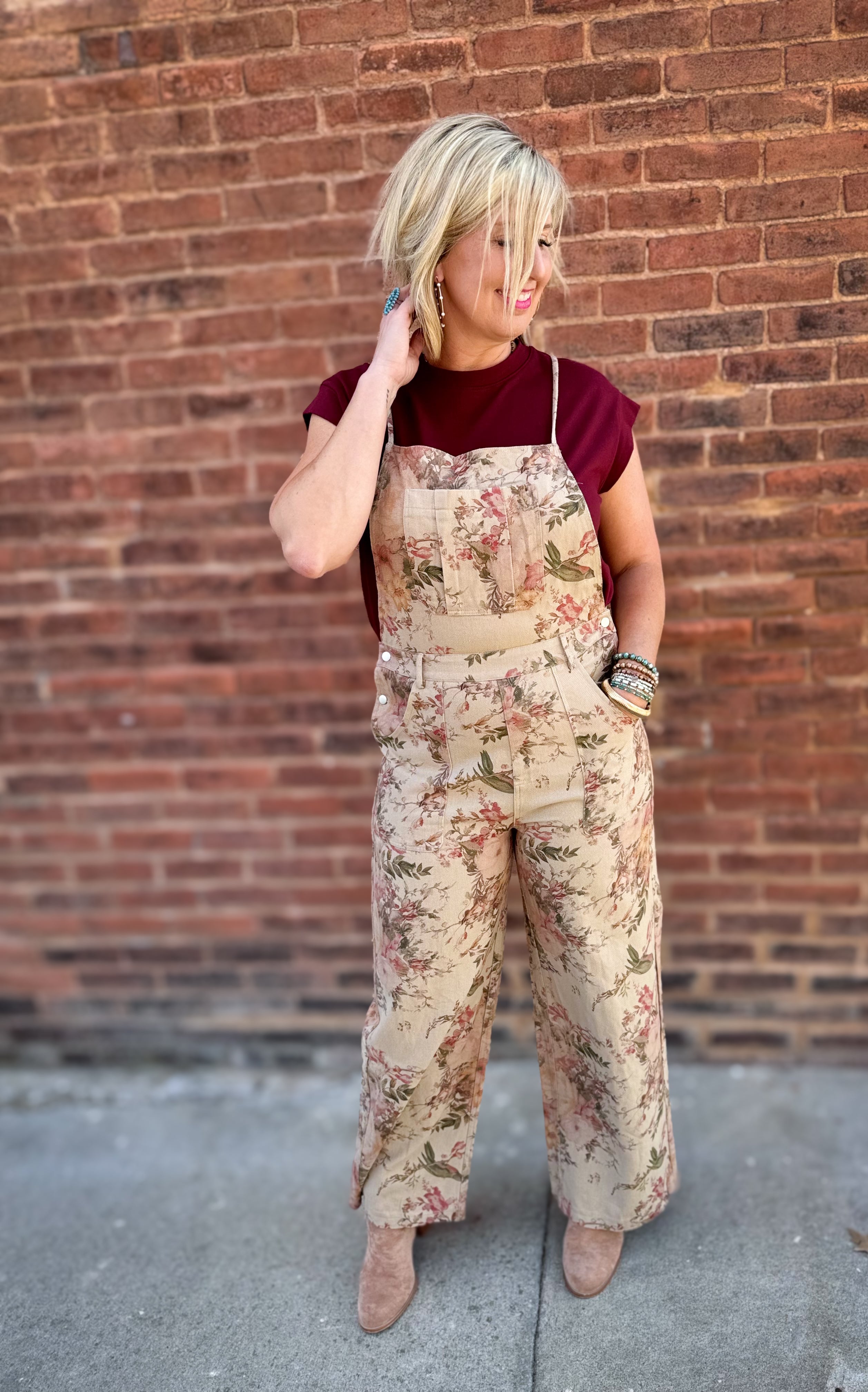 Taupe Floral Overalls