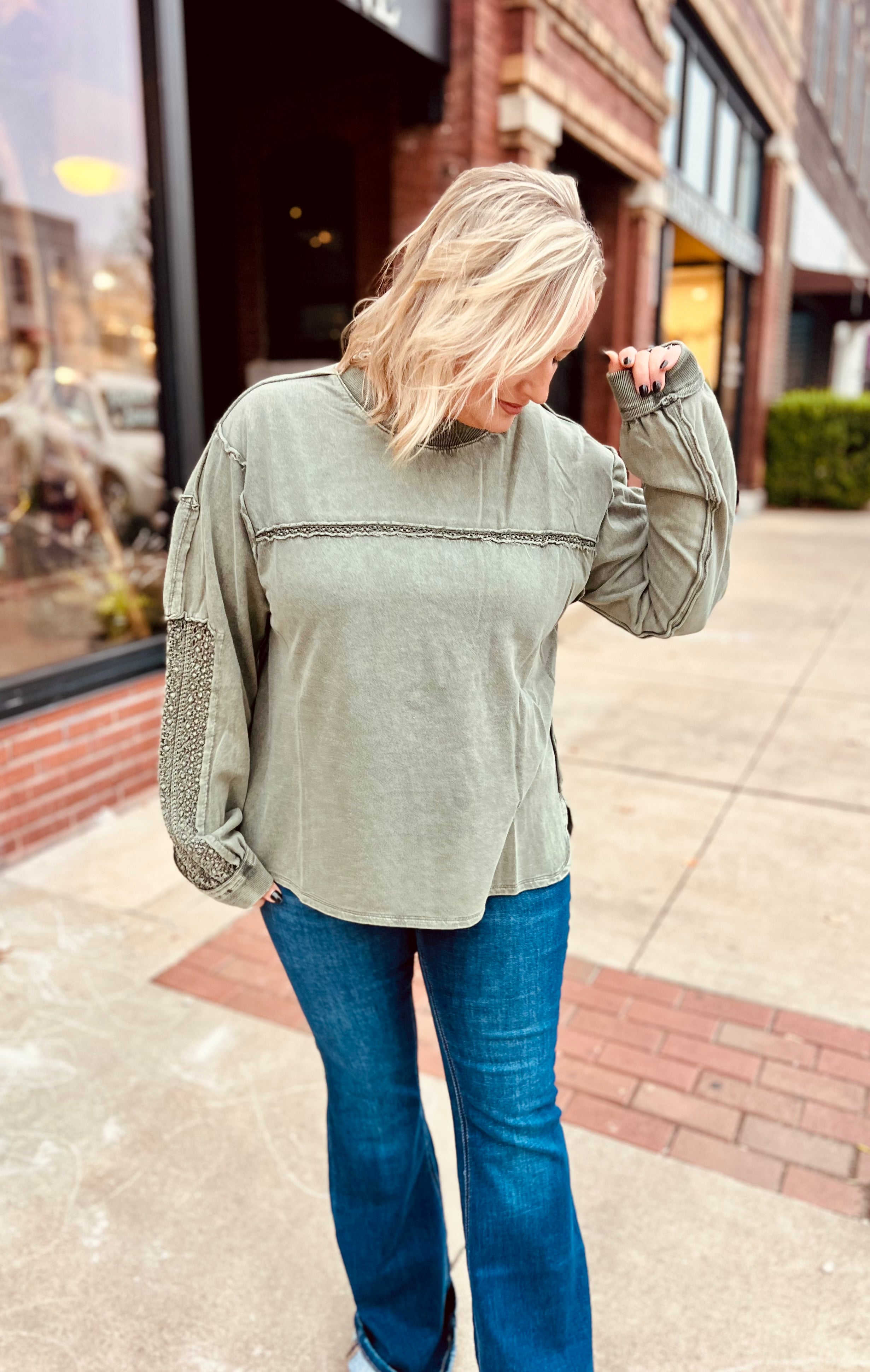 Olive mineral washed terry knit top