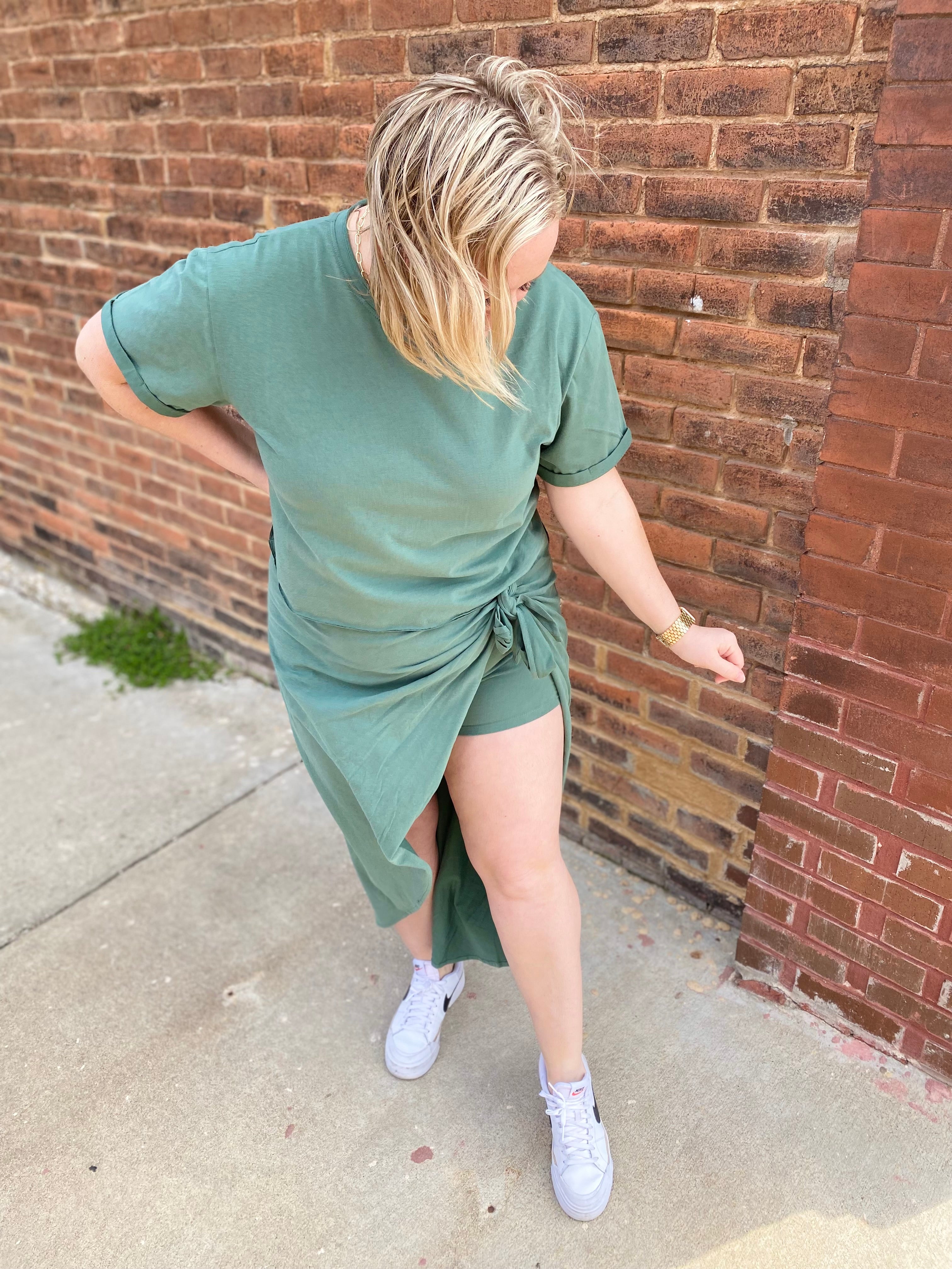 Green two-piece cotton top and skirt set