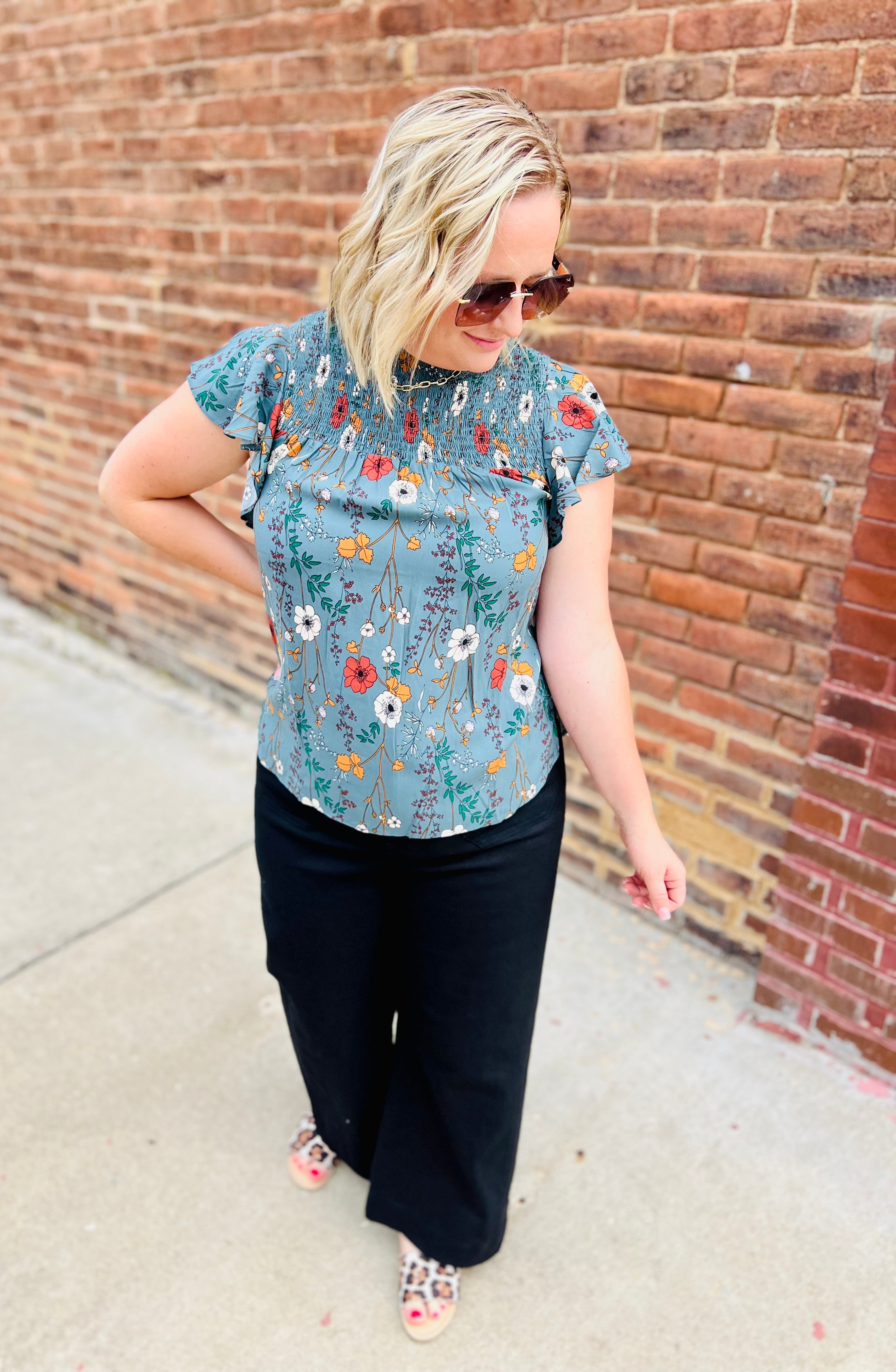 Teal floral mock neck blouse