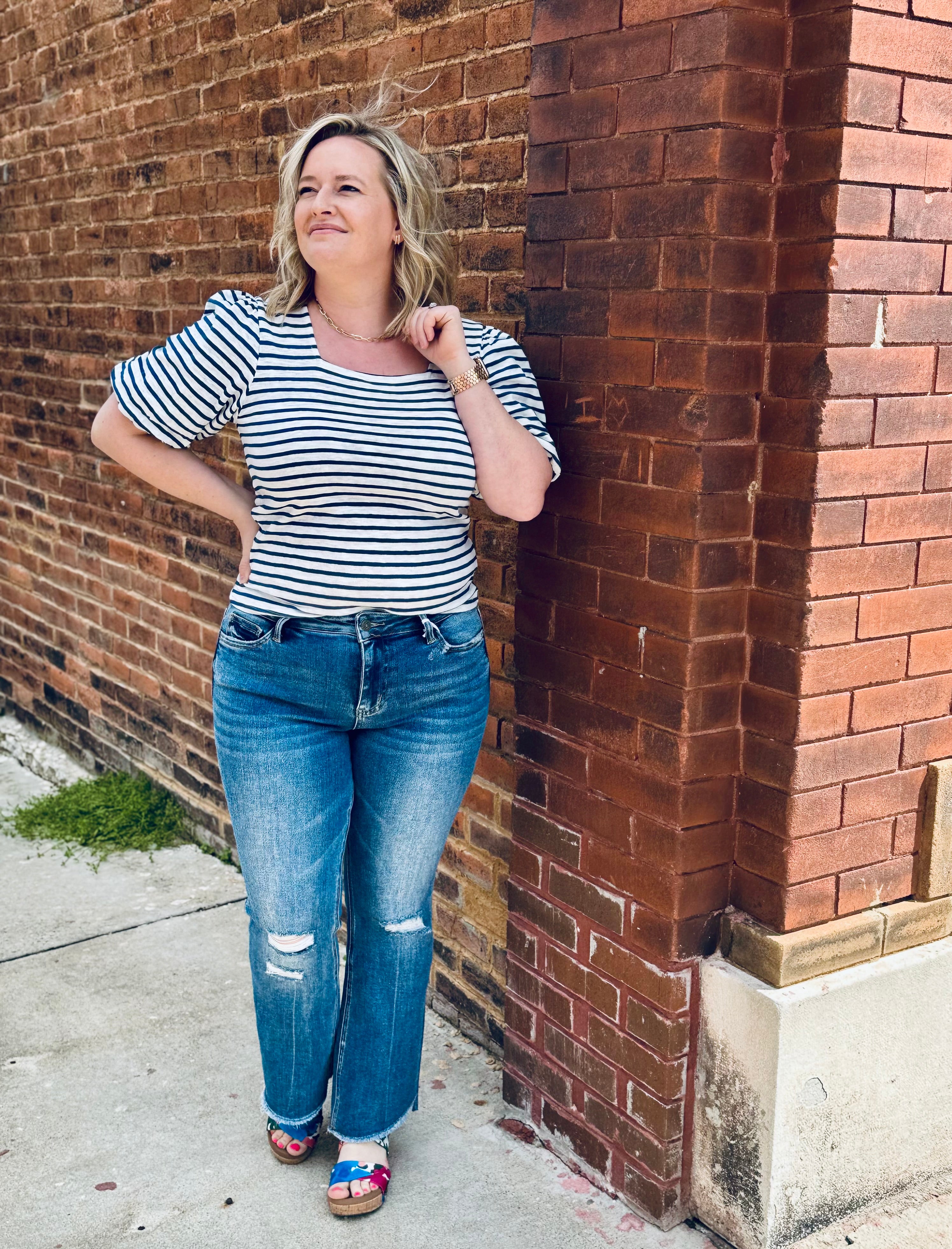 Navy striped puff sleeve knit top