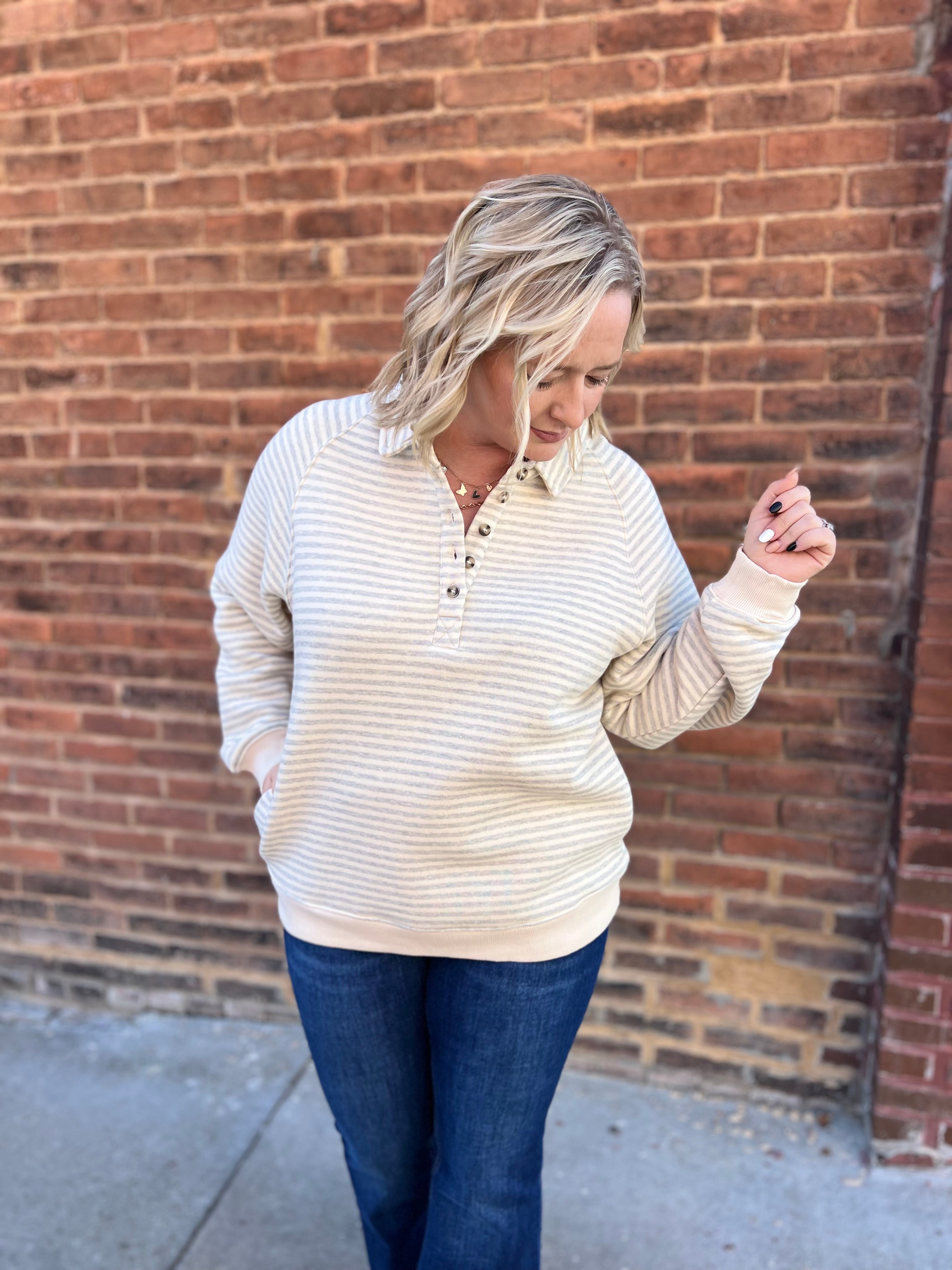 Heather Grey striped button up pullover