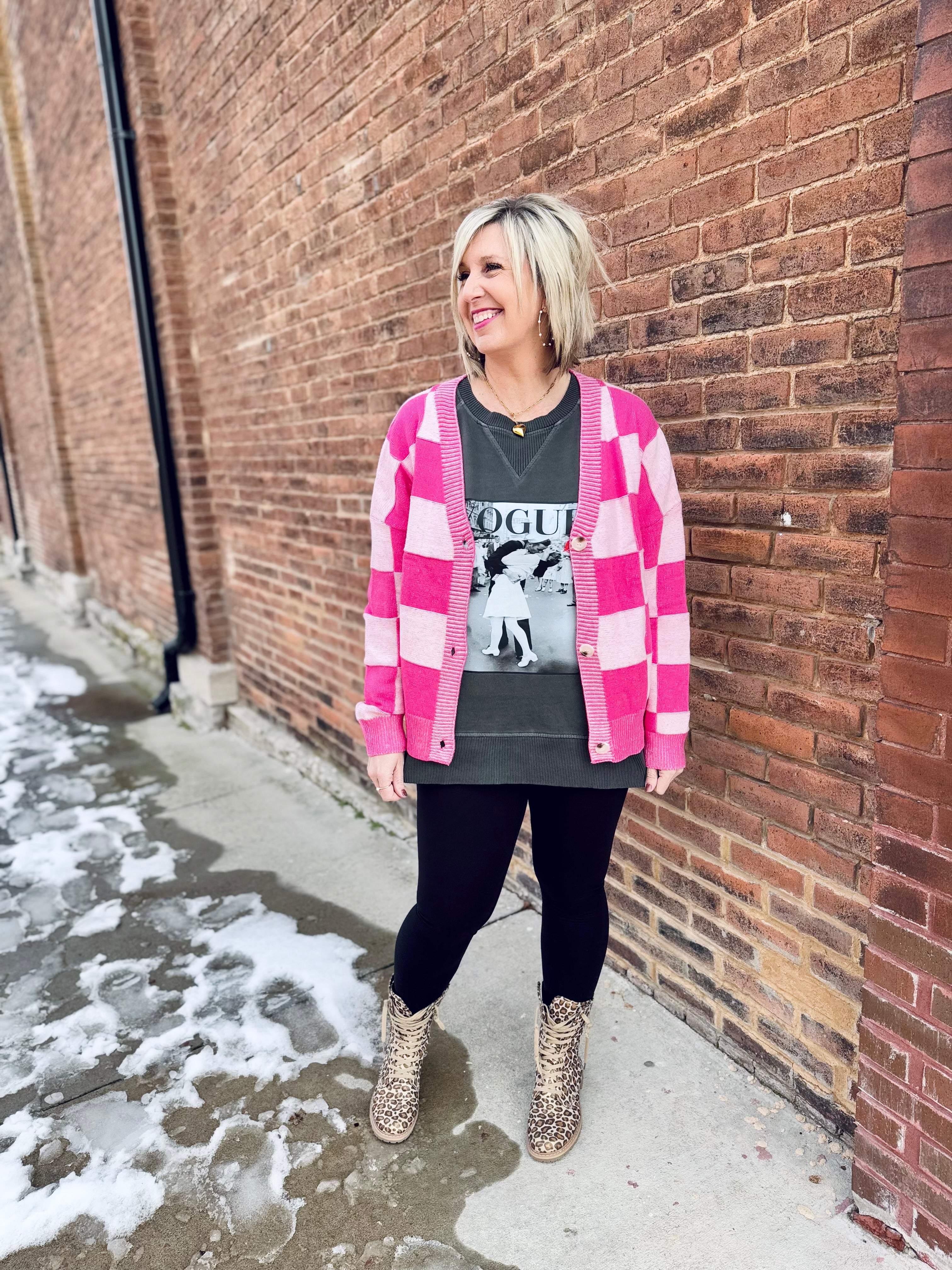 Checkered Cardigan in Pink